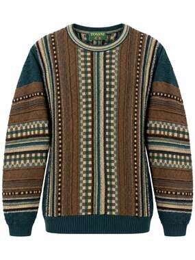 Vintage TOSANI Green Brown Patterned Cable Knit Sweater Geometric Grandpa Core